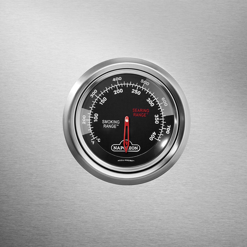 Stainless lid thermometer dial with temperature scale and Napoleon logo