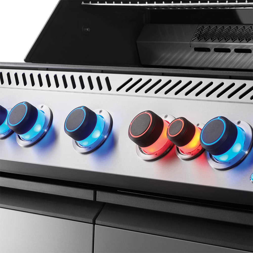 Stainless steel grill control knobs with blue and red illuminated burner indicators