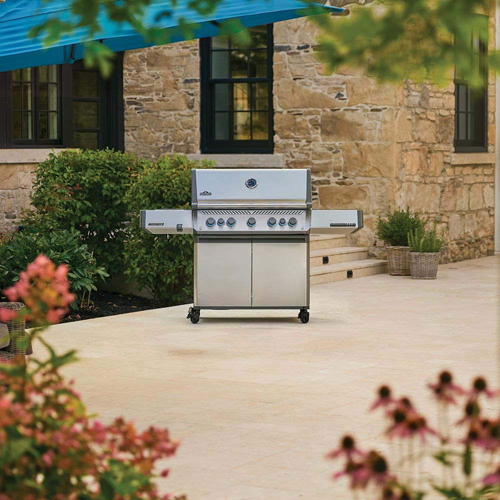 Stainless steel gas grill on wheeled cart with side shelves and front burner knobs