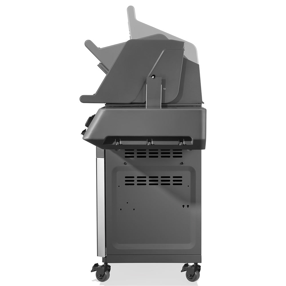 Stainless gas grill on cart with open side burner hood and black inner panel.