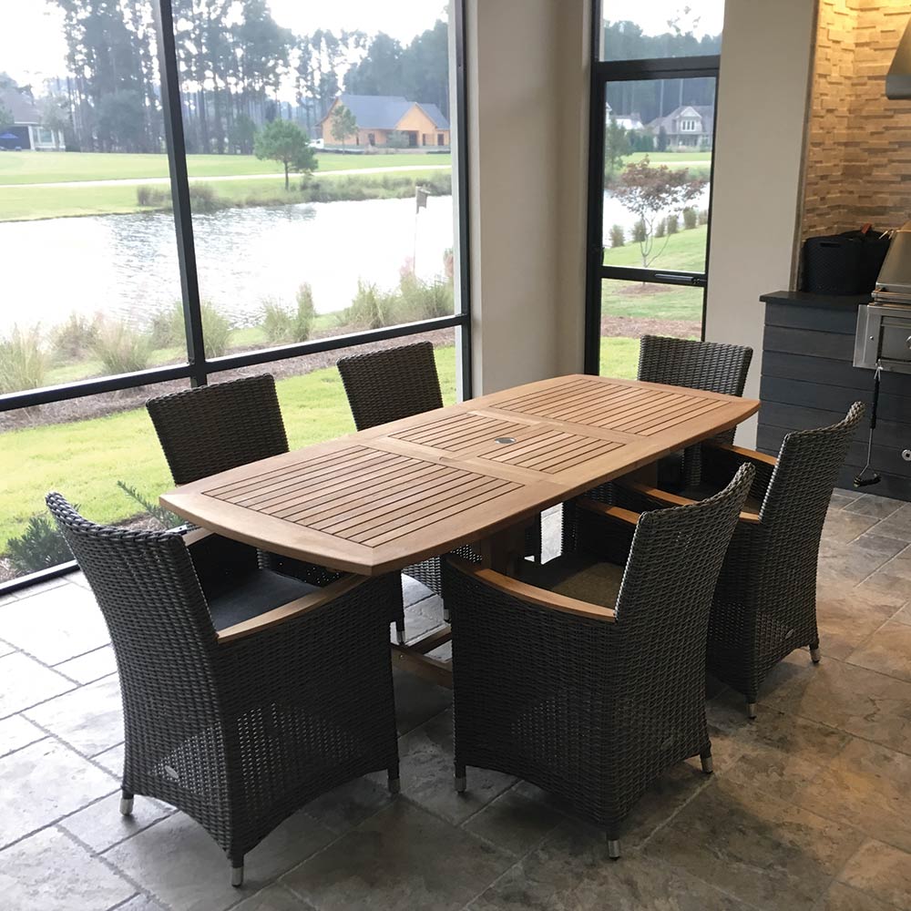 Royal Teak Collection P6 7-Piece Teak Patio Dining Set with 72/96x39-Inch Rectangular Expansion Table & Helena Full-Weave Wicker Chairs
