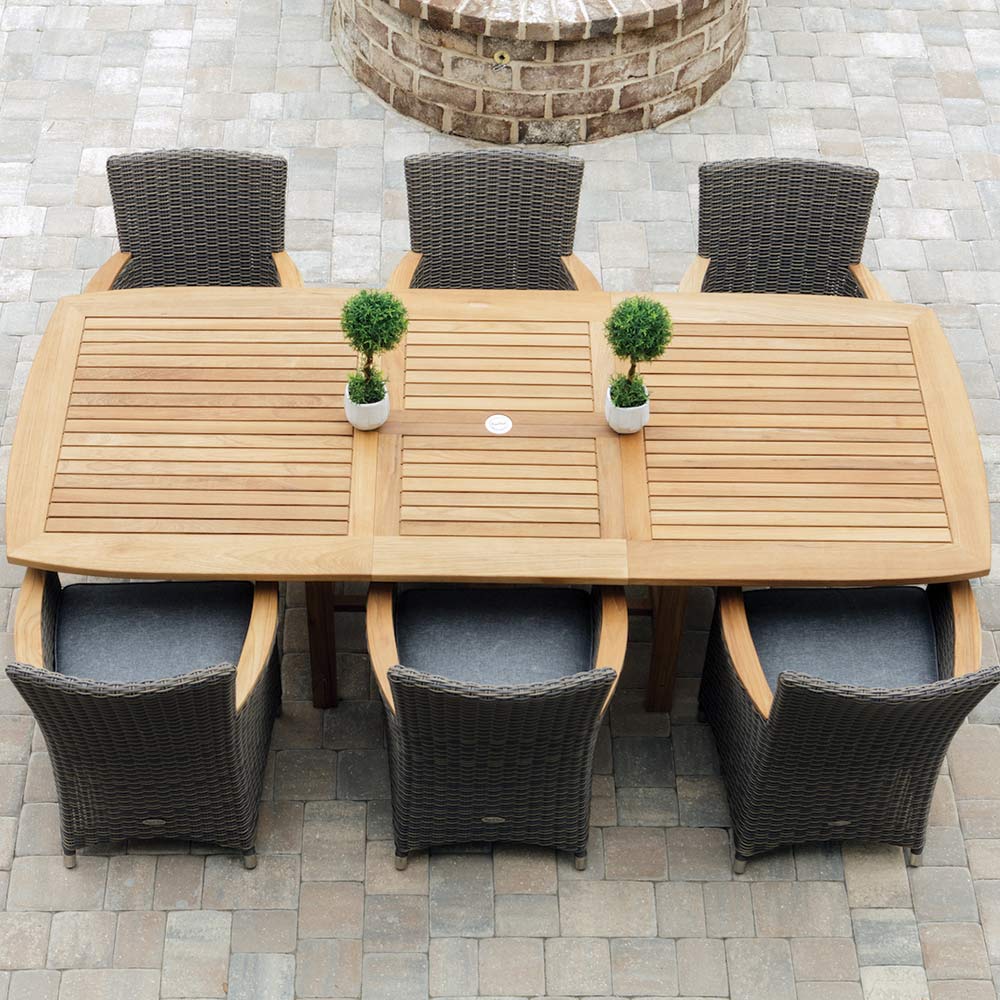Royal Teak Collection P6 7-Piece Teak Patio Dining Set with 72/96x39-Inch Rectangular Expansion Table & Helena Full-Weave Wicker Chairs