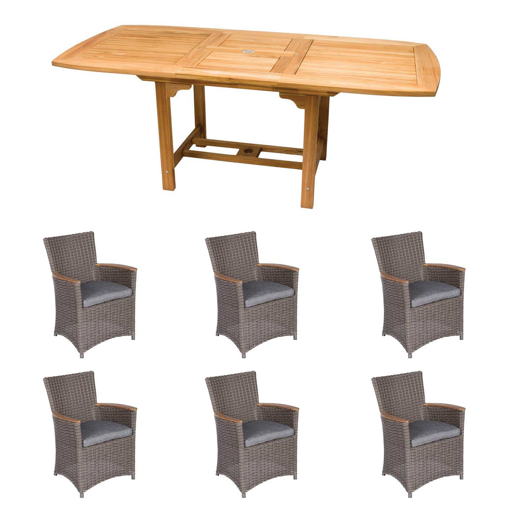 Royal Teak Collection P6 7-Piece Teak Patio Dining Set with 72/96x39-Inch Rectangular Expansion Table & Helena Full-Weave Wicker Chairs