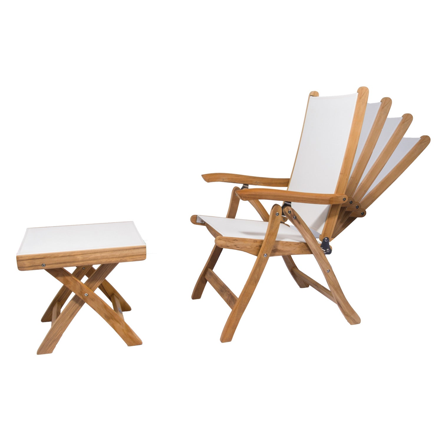 Royal Teak Collection P79 5-Piece Teak Patio Conversation Set with 20x20-Inch Square Folding Picnic Table, Florida Sling Reclining Chairs & Footrests