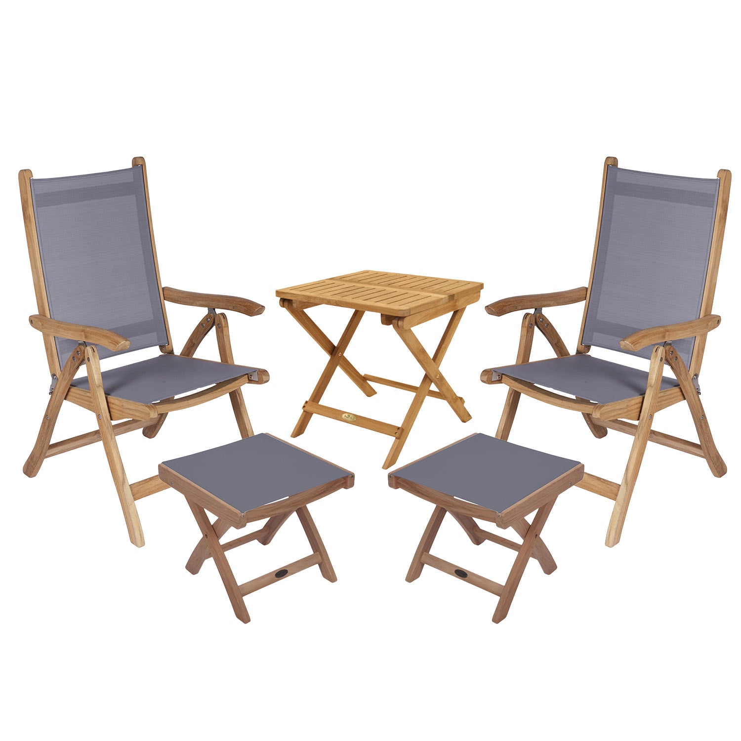 Royal Teak Collection P79 5-Piece Teak Patio Conversation Set with 20x20-Inch Square Folding Picnic Table, Florida Sling Reclining Chairs & Footrests