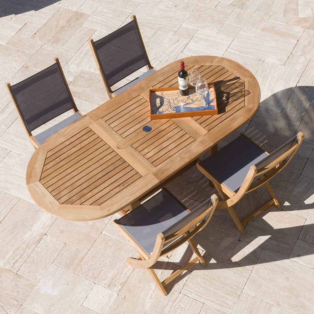 Royal Teak Collection P7 5-Piece Teak Patio Dining Set with 60/78-Inch Oval Expansion Table & Sailmate Sling Folding Side Chairs