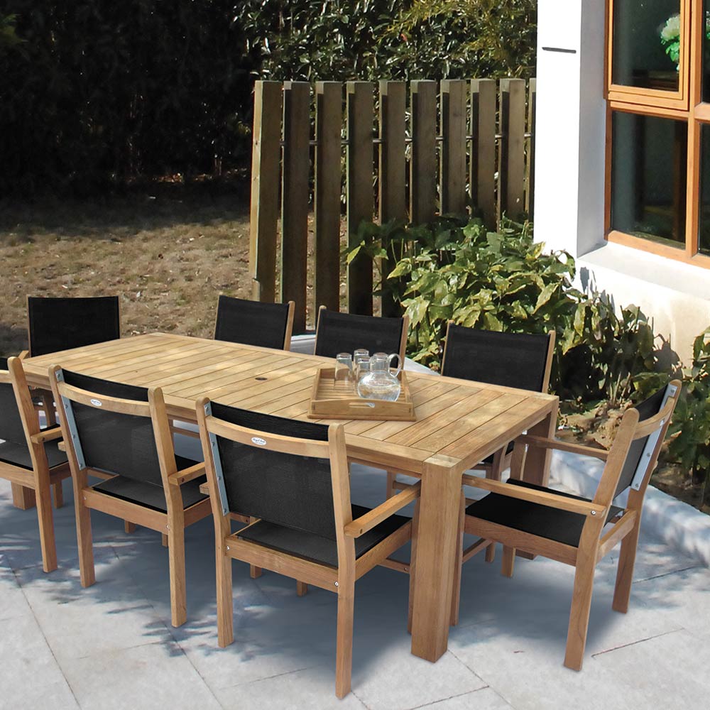 Royal Teak Collection P87 9-Piece Teak Patio Dining Set with 96x44-Inch Rectangular Table & Captiva Sling Stacking Chairs