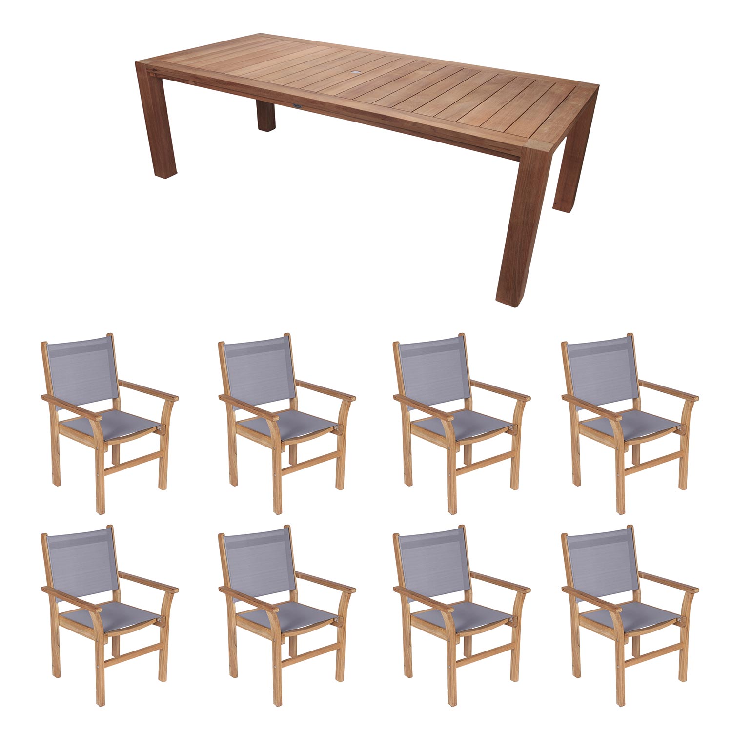 Royal Teak Collection P87 9-Piece Teak Patio Dining Set with 96x44-Inch Rectangular Table & Captiva Sling Stacking Chairs