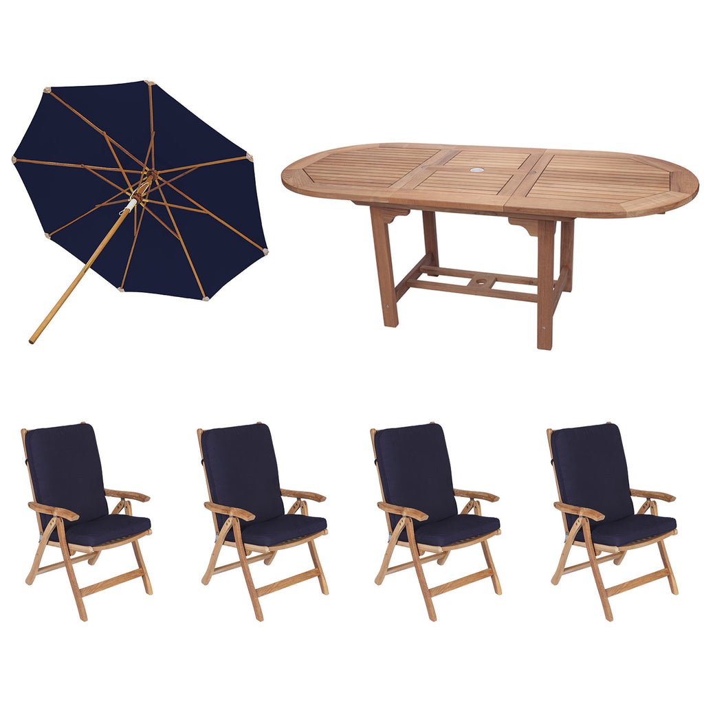 Royal Teak Collection P8 6-Piece Teak Patio Dining Set with 60/78-Inch Oval Expansion Table, Umbrella & Estate Reclining Chairs with Fullback Cushions