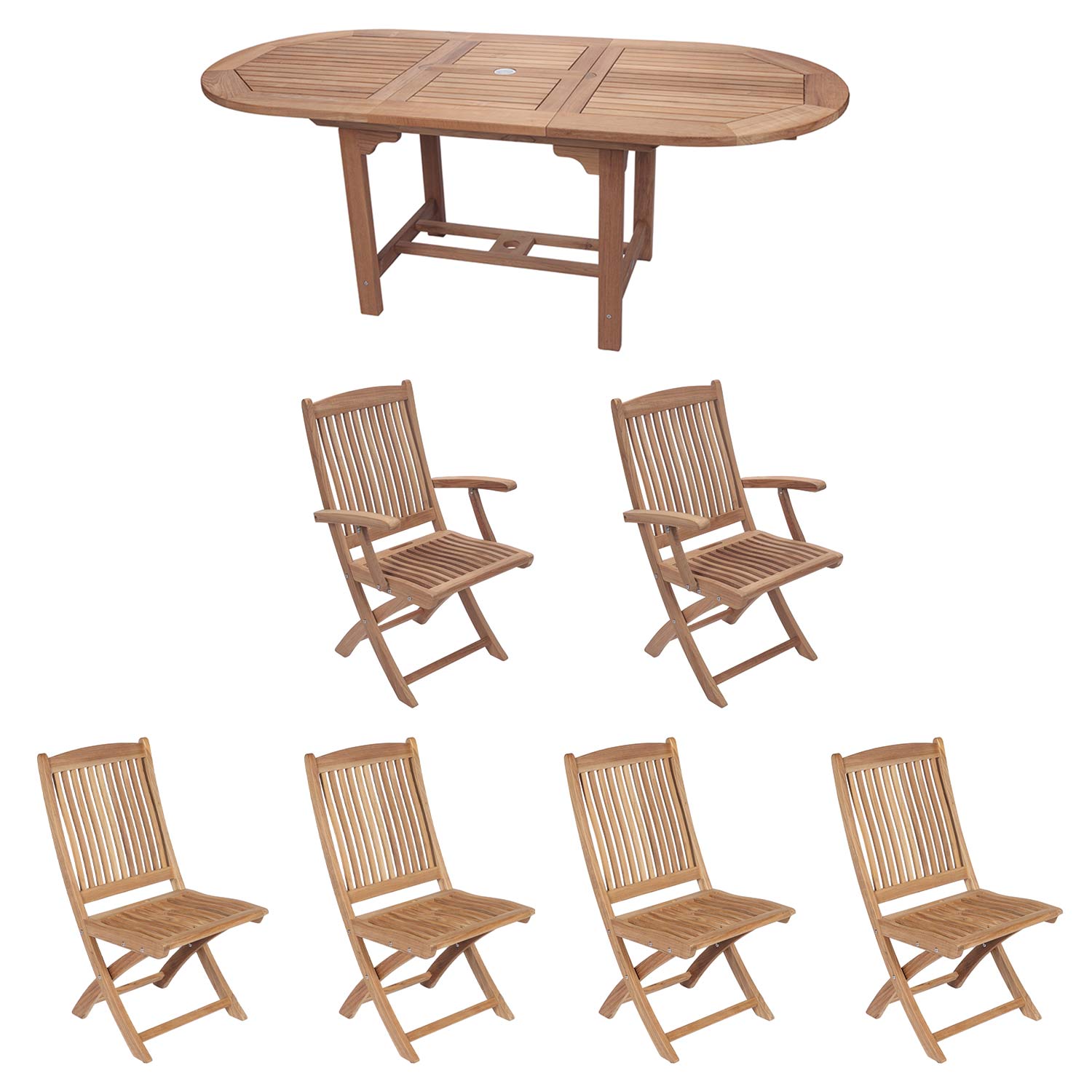 Royal Teak Collection P9 7-Piece Teak Patio Dining Set with 60/78-Inch Oval Expansion Table & Sailor Folding Chairs
