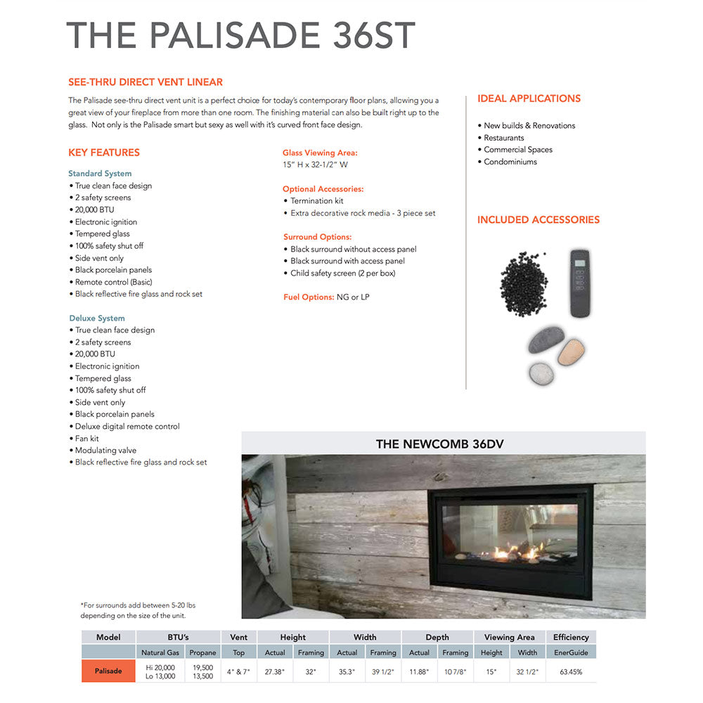 Sierra Flame PALISADE-36-DELUXE 36-Inch Palisade Deluxe Direct Vent See-Through Built-In Gas Fireplace with Fireglass and Rock Media