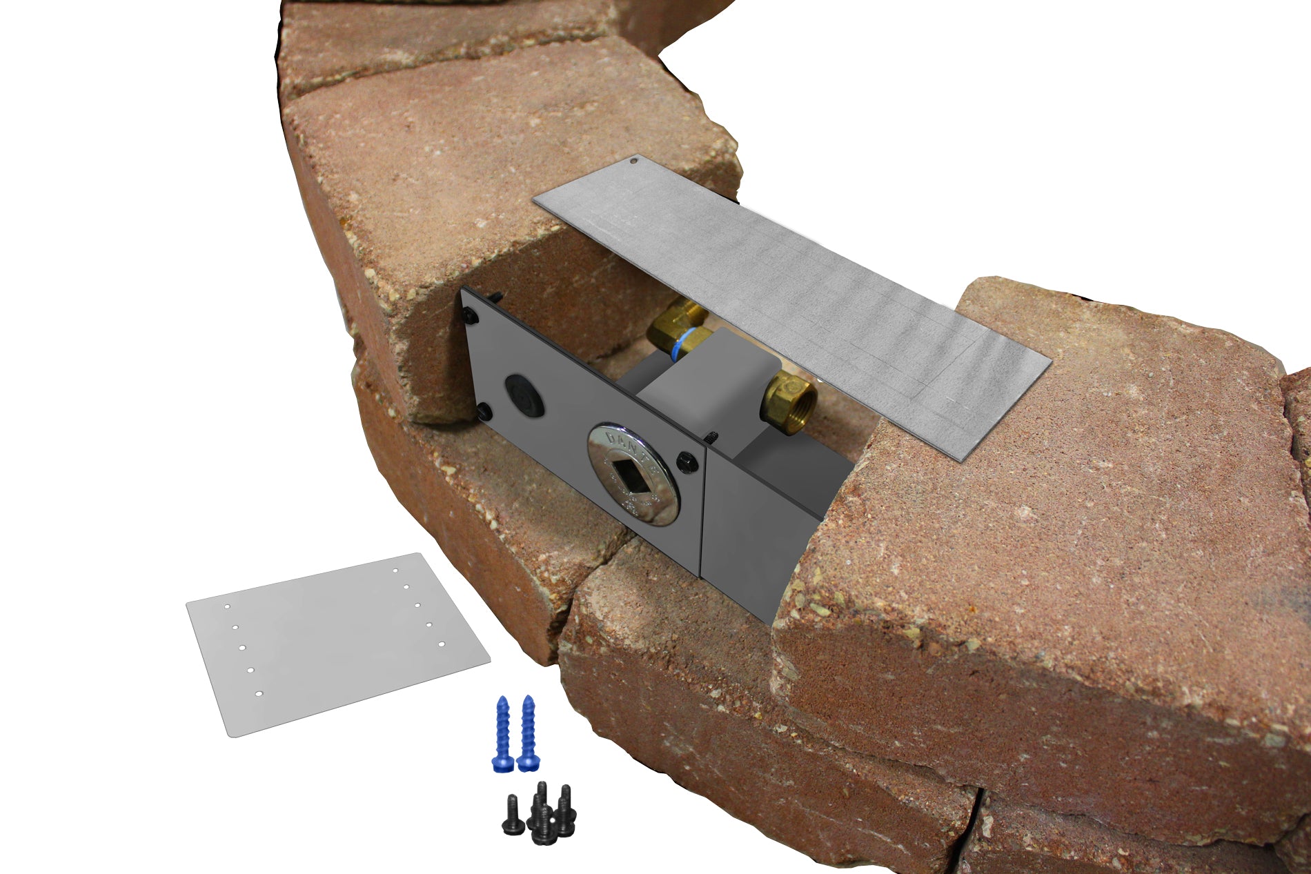Gray control panel kit with metal housing, mounting plate, and screws, for paver system