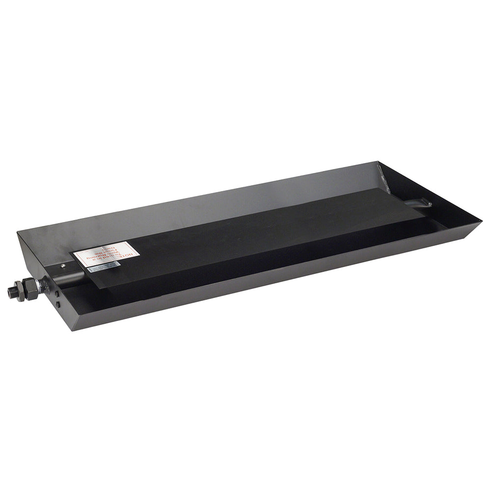 Vented gas fireplace burner with black metal tray and side valve fitting