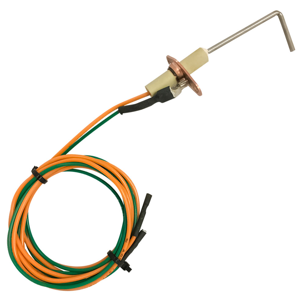 Spark igniter rod with orange and green wire leads, metal electrode and ceramic base