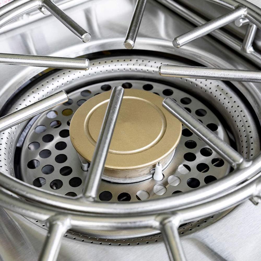 Stainless burner bowl with perforated flame cap and metal grate supports