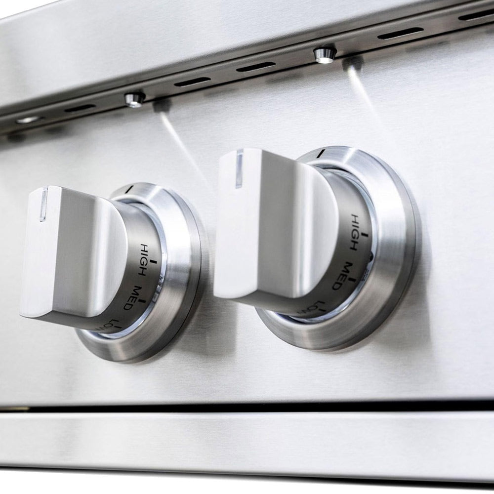 Stainless gas cooktop with front burner control knobs labeled HIGH and MAX