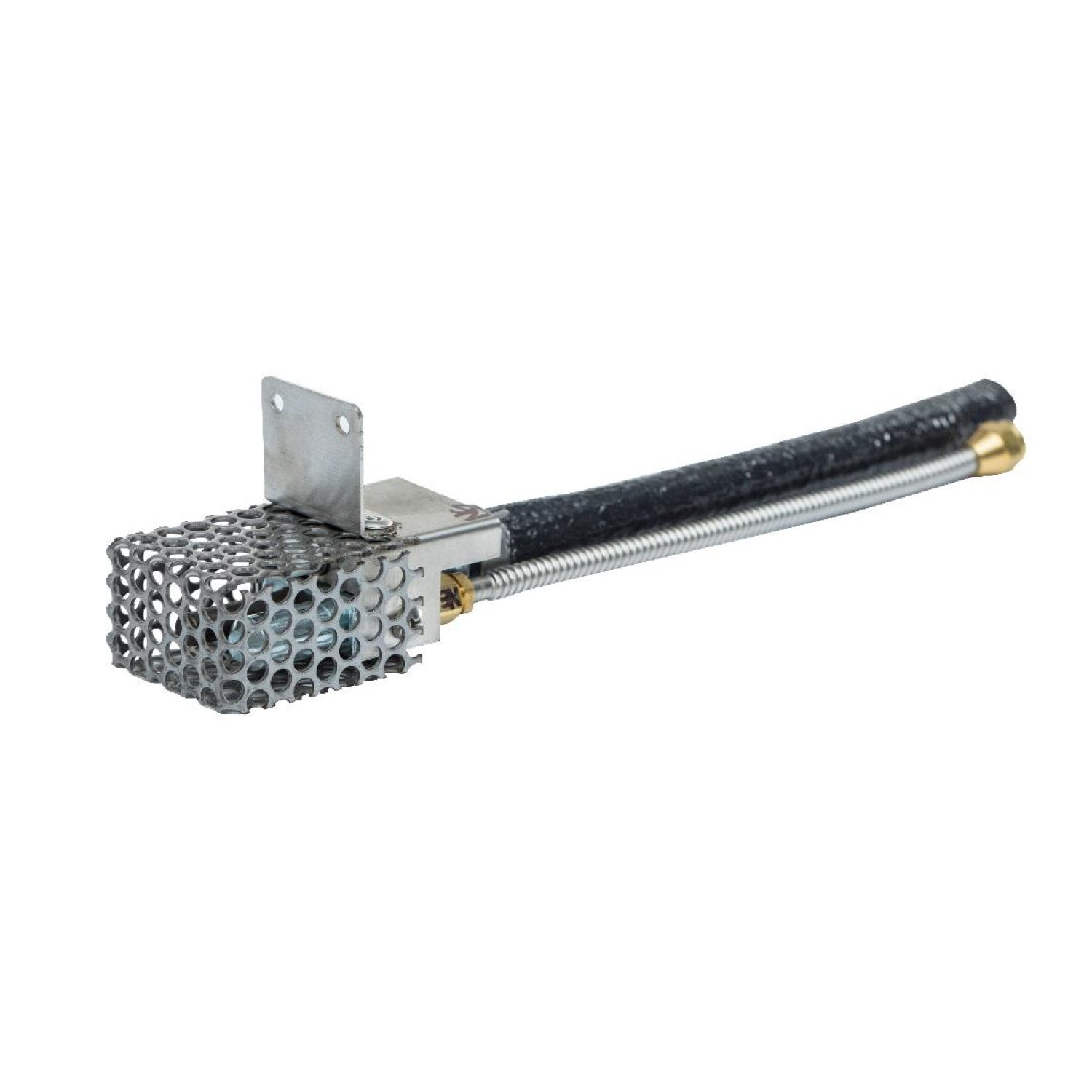 Pilot burner assembly with metal mesh burner head, mounting bracket, black hose, and brass end