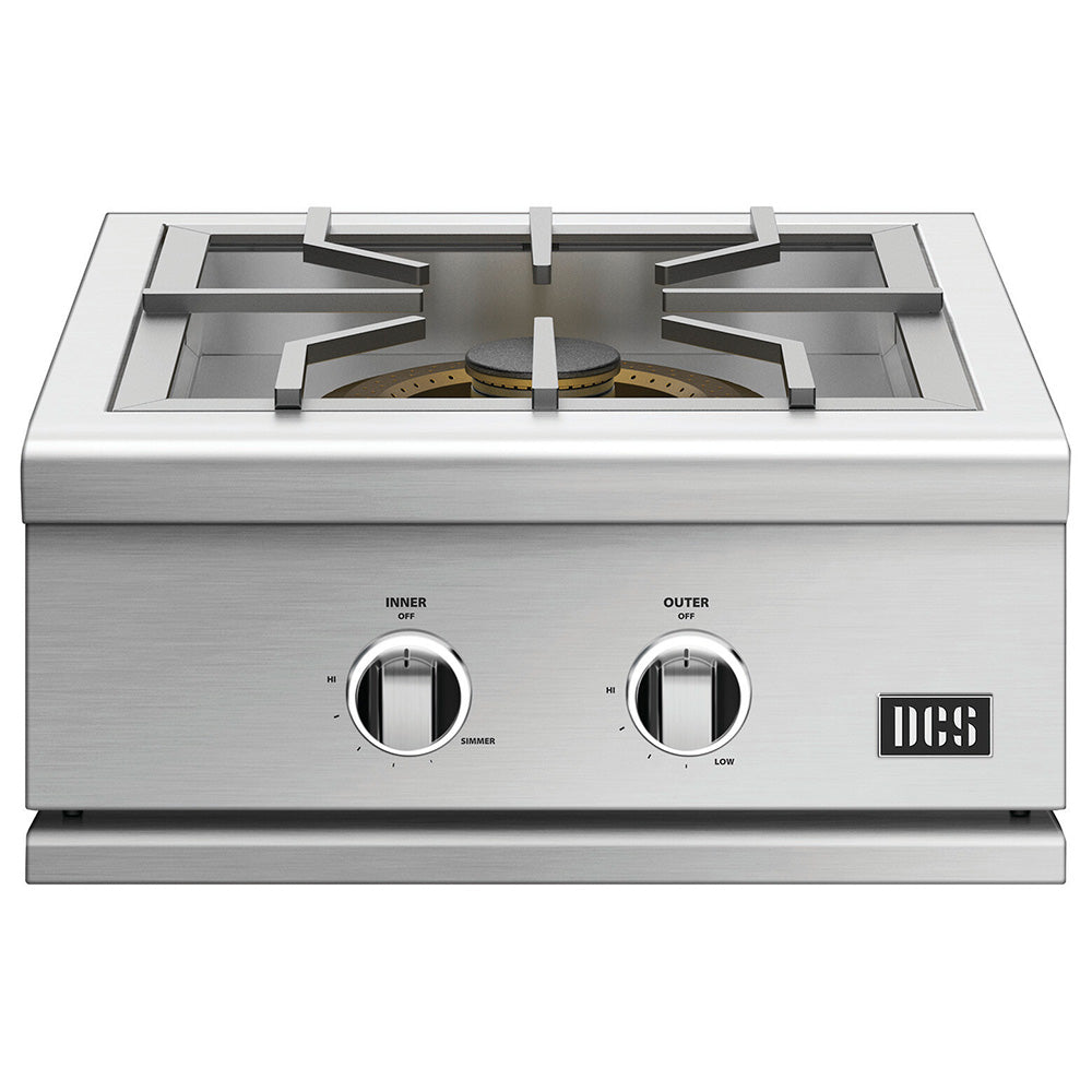 Stainless steel built-in gas power burner with two control knobs and grates