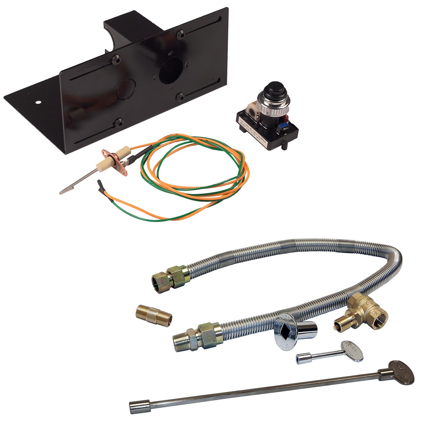 Ignition kit with mounting bracket, push button switch, wiring harness, and flexible gas lines