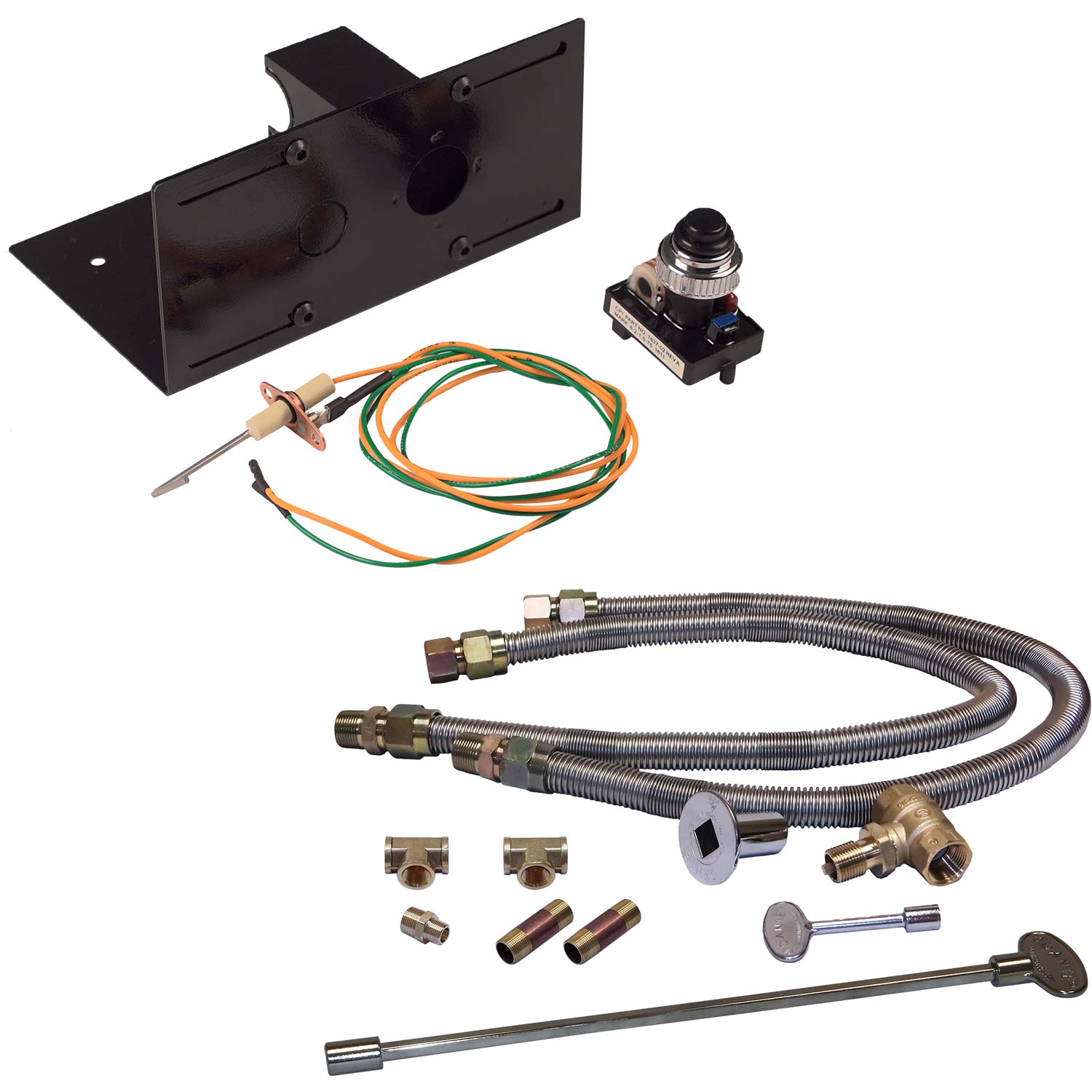 Ignition push button kit with mounting bracket, wiring harness, and double flex line hoses
