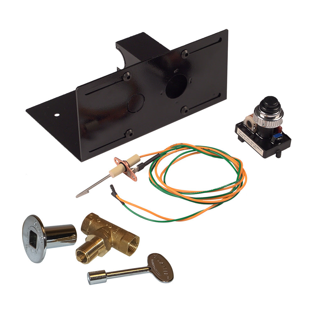 Spark ignition push-button kit with black mounting bracket, wiring, switch, valve fittings