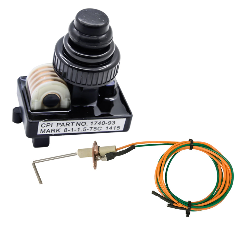 Ignition kit with push-button module, igniter probe, and colored wiring leads