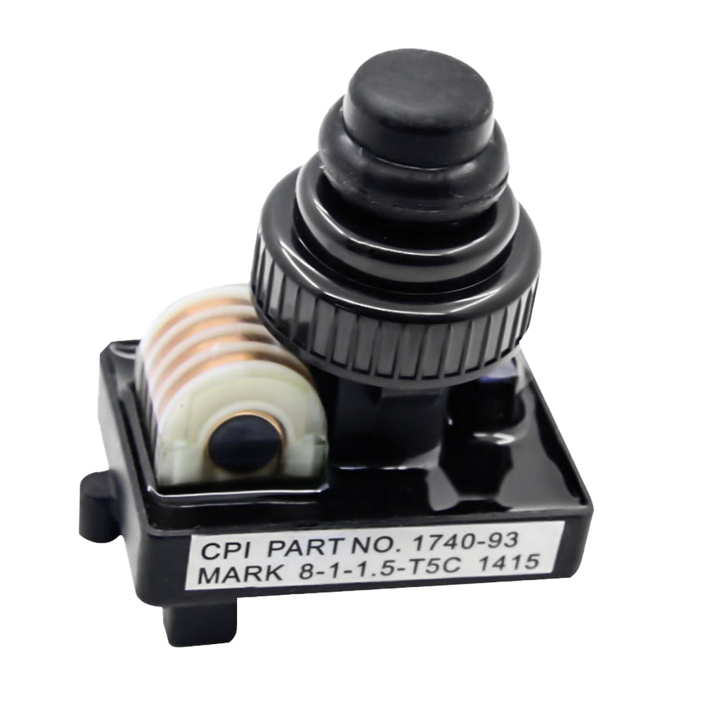 Black control module with rotary knob, dial, and white identification label