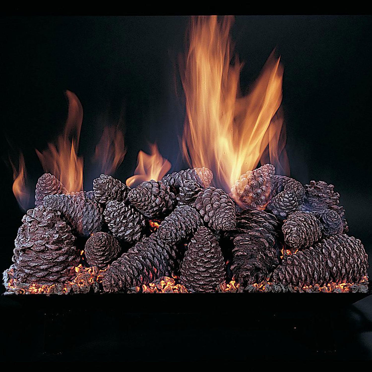 Fireplace log and pine cone display set with glowing flames and dark pinecones