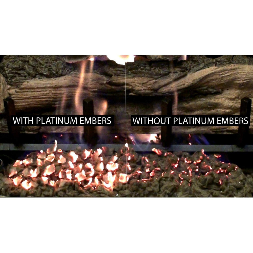 Glowing decorative embers with logs, side-by-side comparison