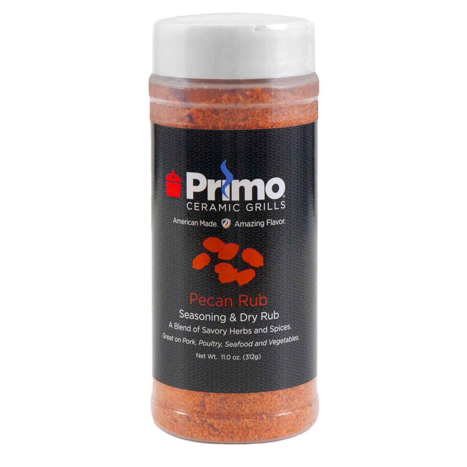 Pecan Rub seasoning bottle with brown-orange spice granules (Primo Ceramic Grills)