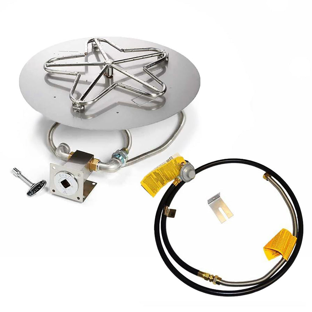 Gas fire pit burner kit with stainless penta burner, round flat pan, hose and valve