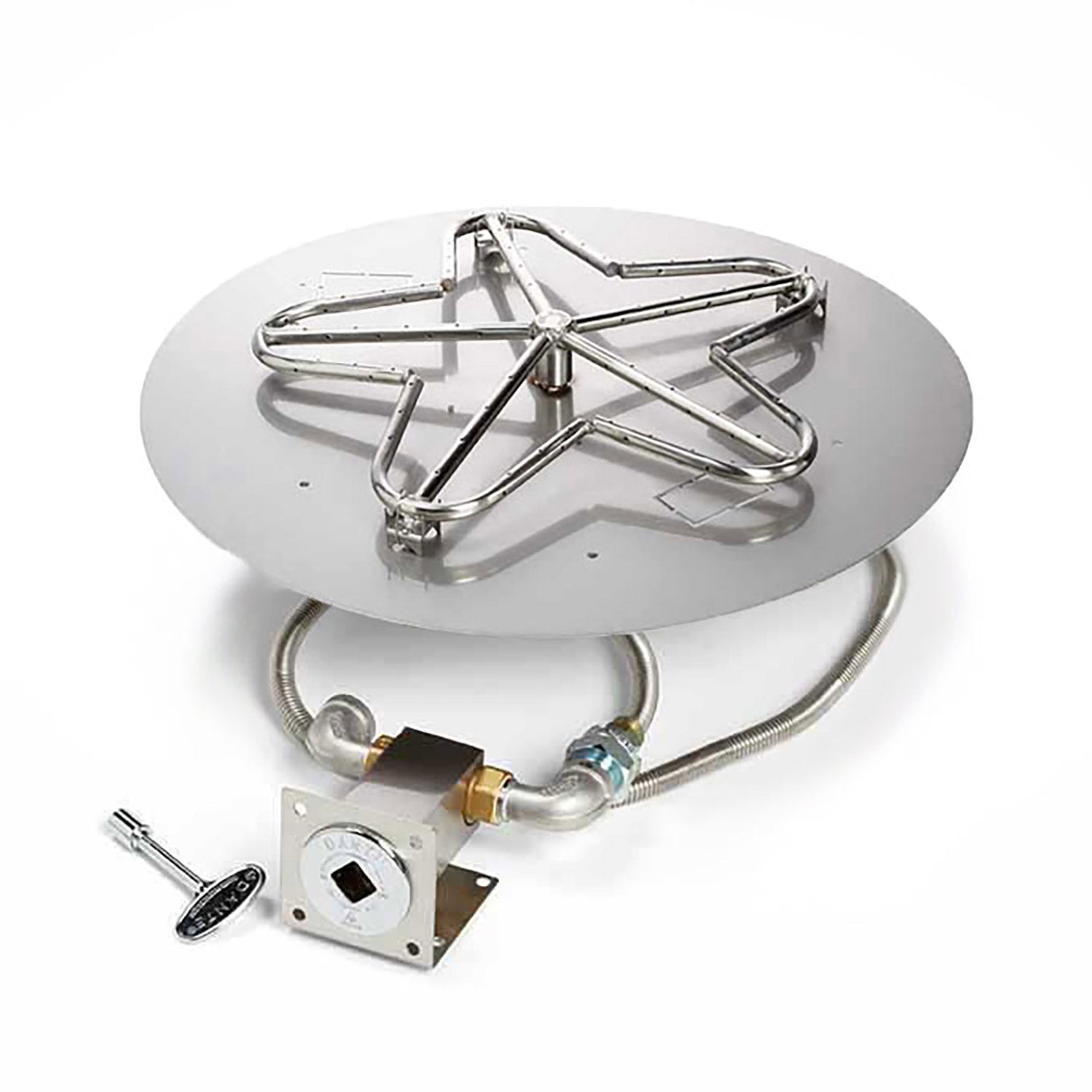 Gas fire pit burner kit with round flat pan, stainless torpedo-style burner and valve base