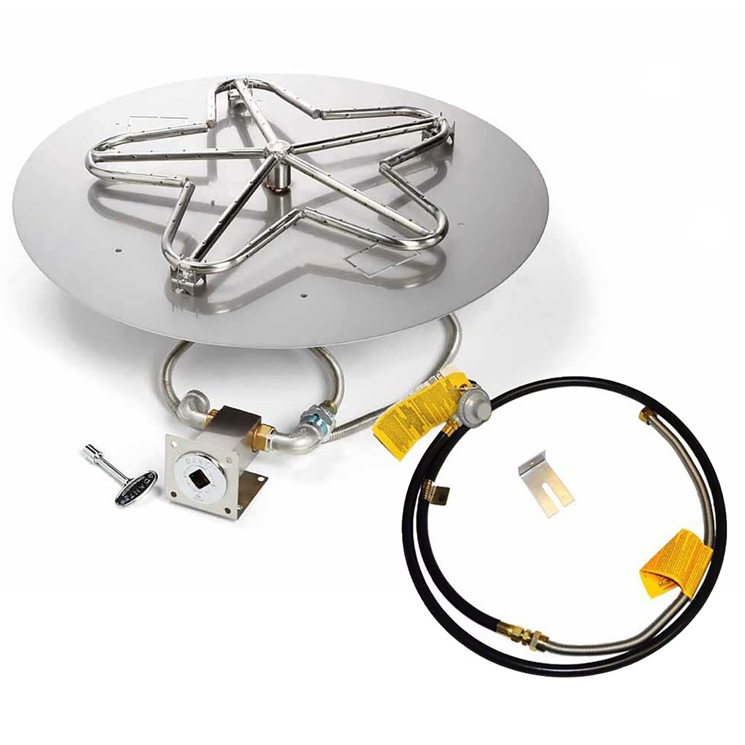 Gas fire pit burner kit with round flat pan, metal burner frame, gas hose and fittings