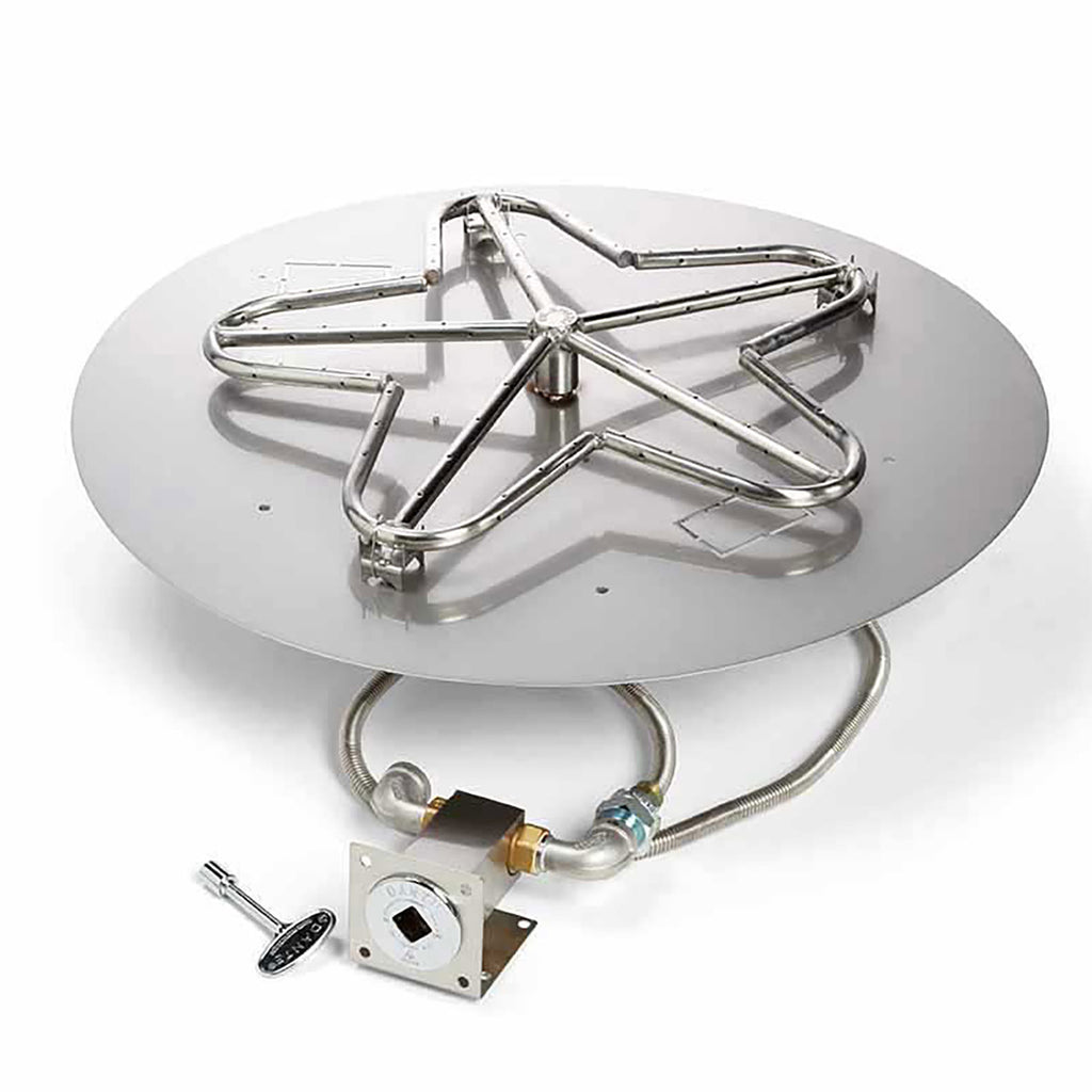 Gas fire pit burner kit with round flat pan, stainless burner grate, hose and valve base