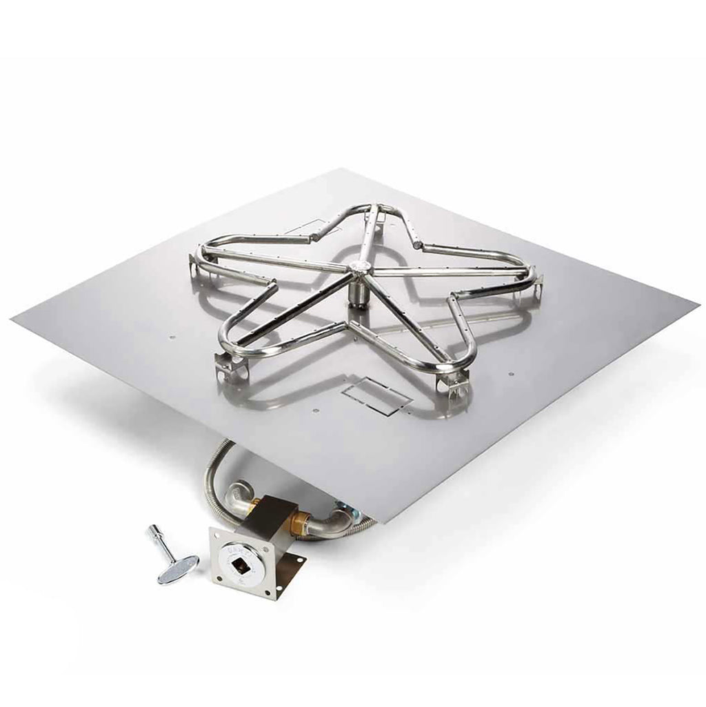 Gas fire pit burner kit with square flat pan and pent burner frame