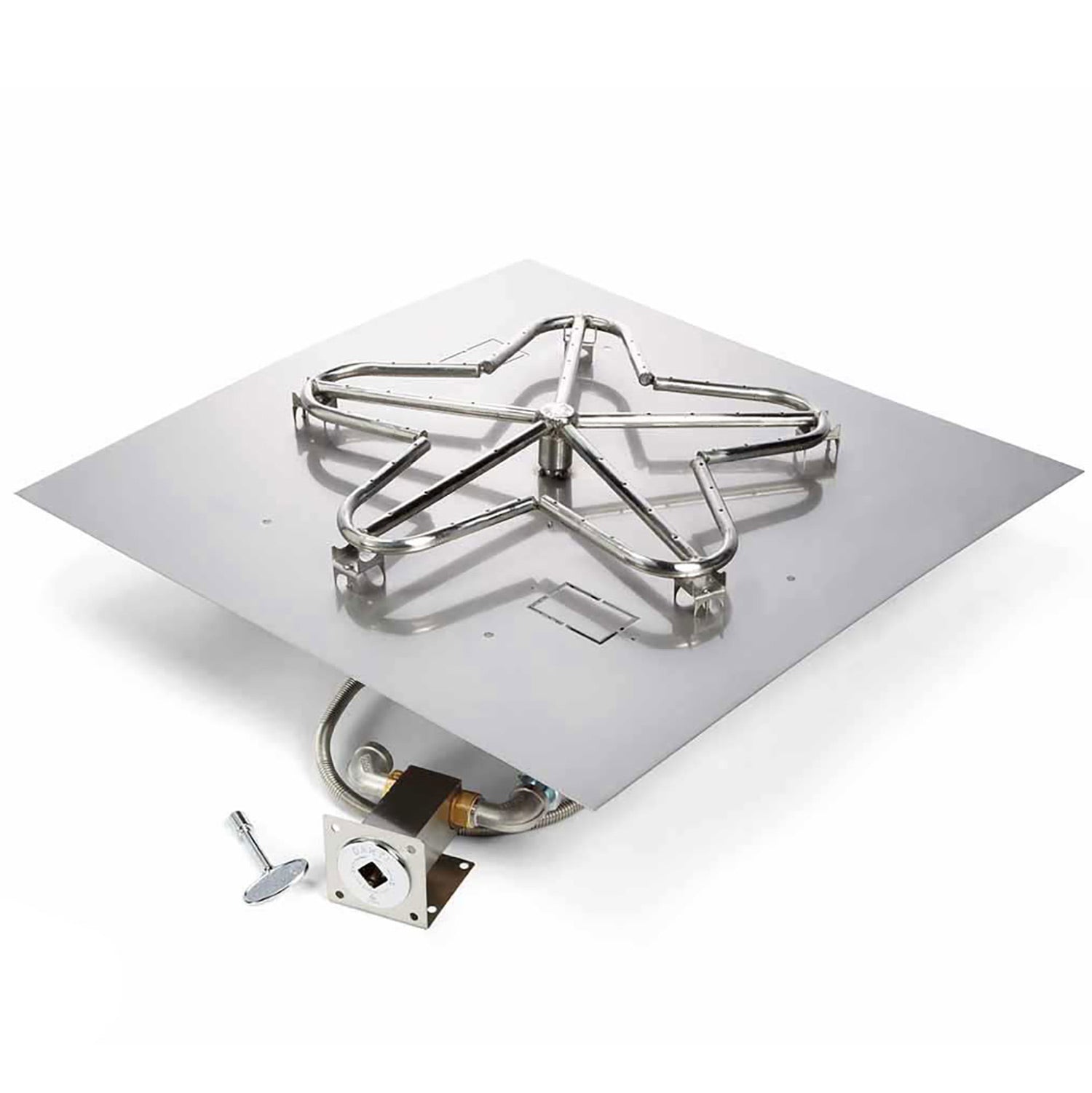 Gas fire pit burner kit with square flat pan and pent burner frame