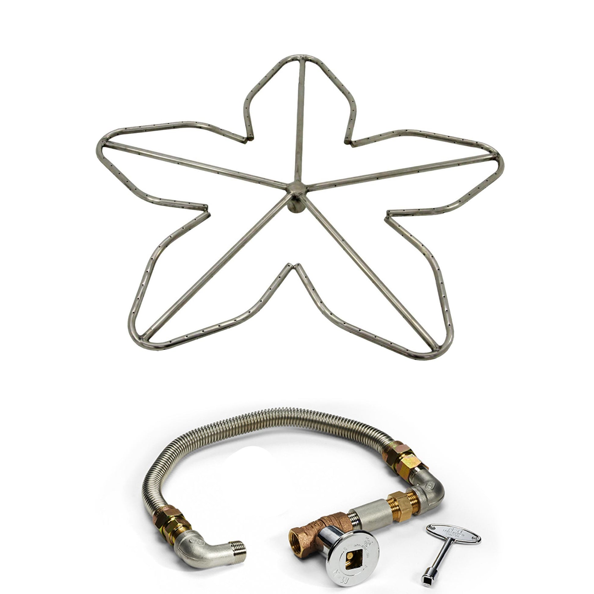 Penta burner star frame with gas hose, regulator, and ignition key set