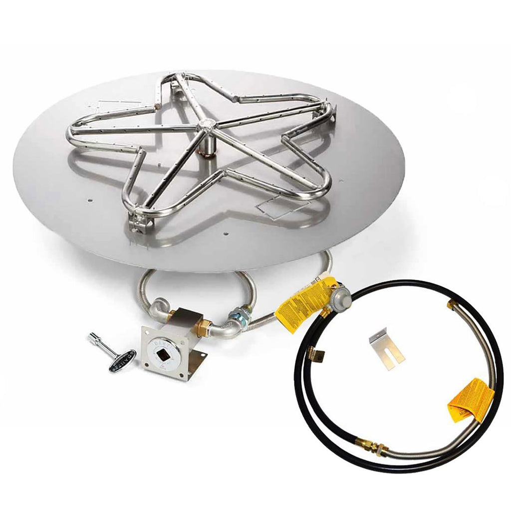 Gas fire pit burner kit with round flat pan, stainless burner, hose and regulator valve