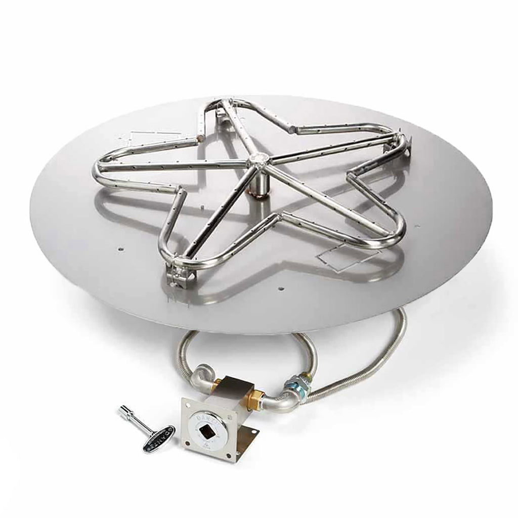 Gas fire pit burner kit with round flat pan, stainless penta burner grate and gas valve