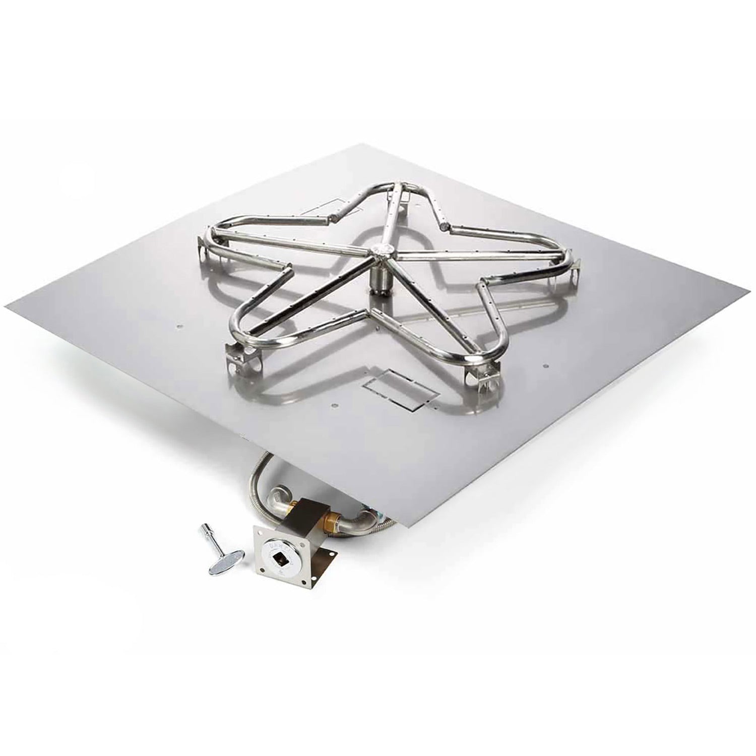Gas fire pit burner kit on square metal plate with regulator and valve knob