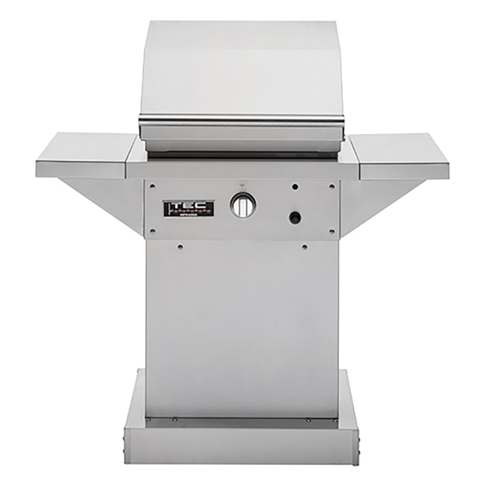 Infrared gas grill with stainless pedestal base, front control panel and lid closed
