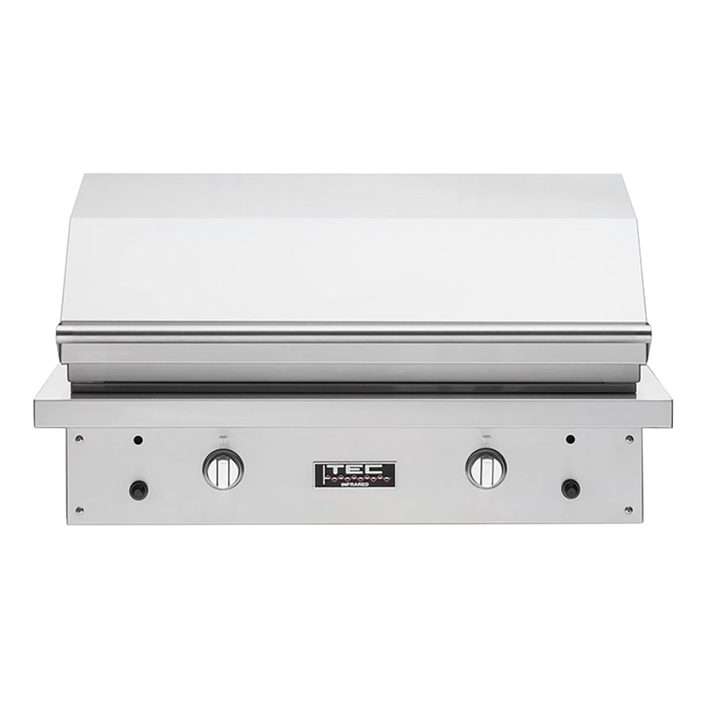 Built-in gas grill front panel with TEC logo and control knobs