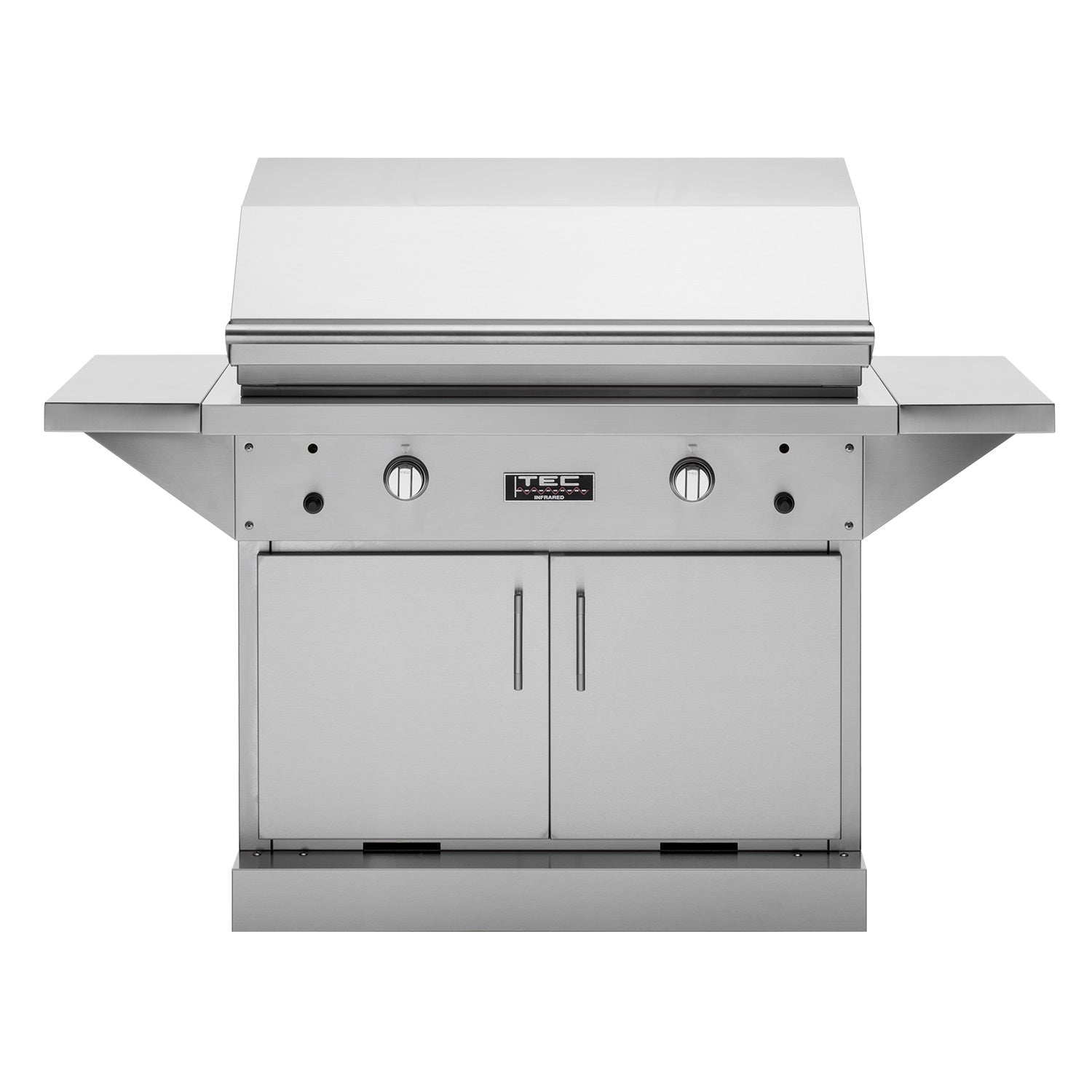 Stainless steel freestanding infrared gas grill with closed hood and control knobs