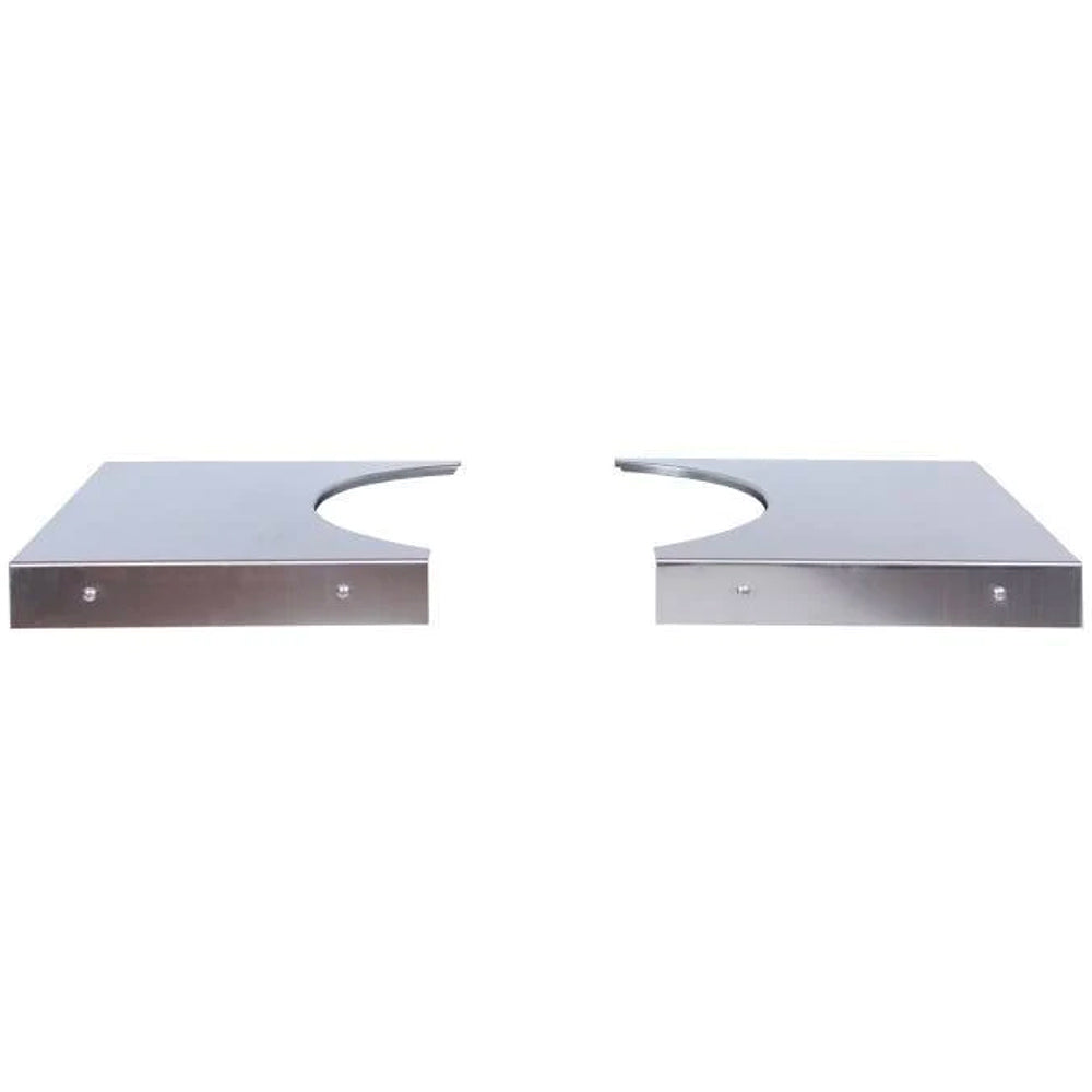 Stainless steel side shelves with oval cutout openings, gray metal