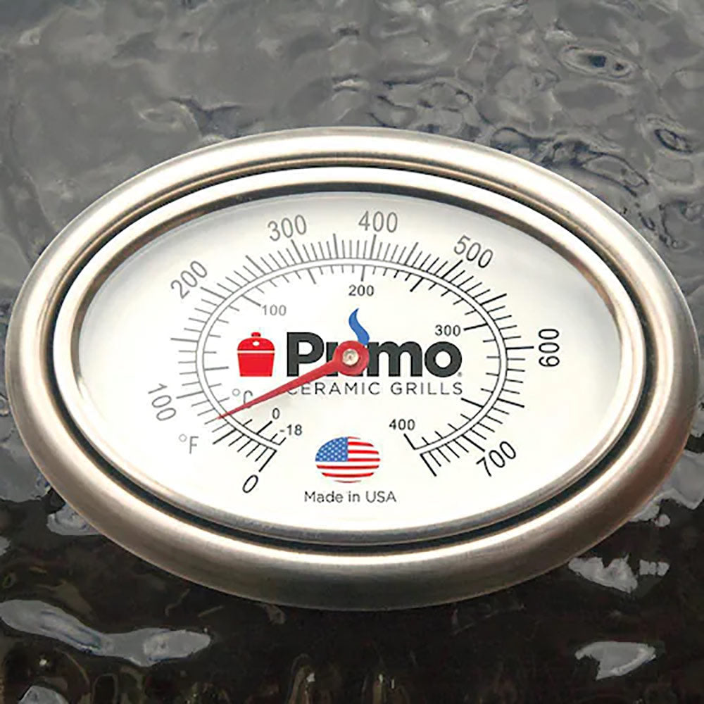 Metal thermometer gauge with Primo ceramic grills temperature dial, °F and °C