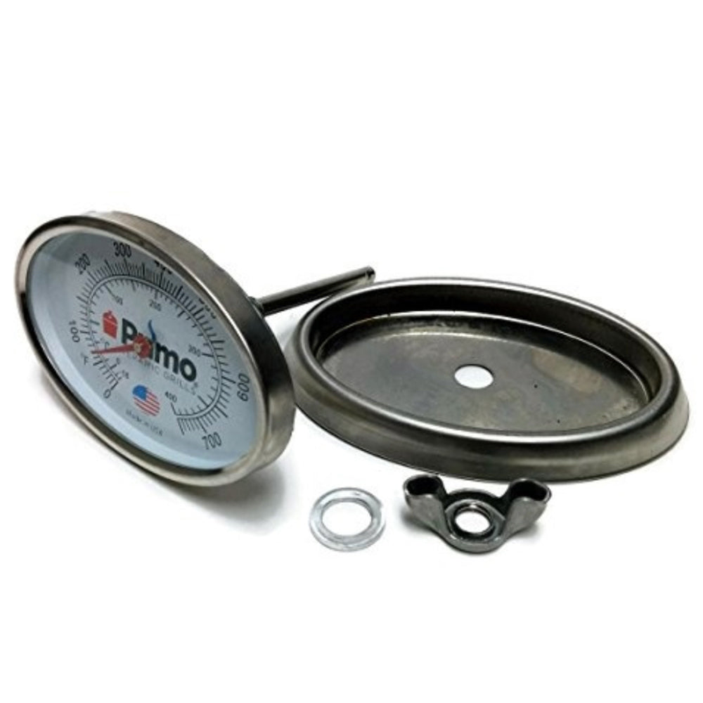 Thermometer gauge with round dial, metal bezel, and mounting ring