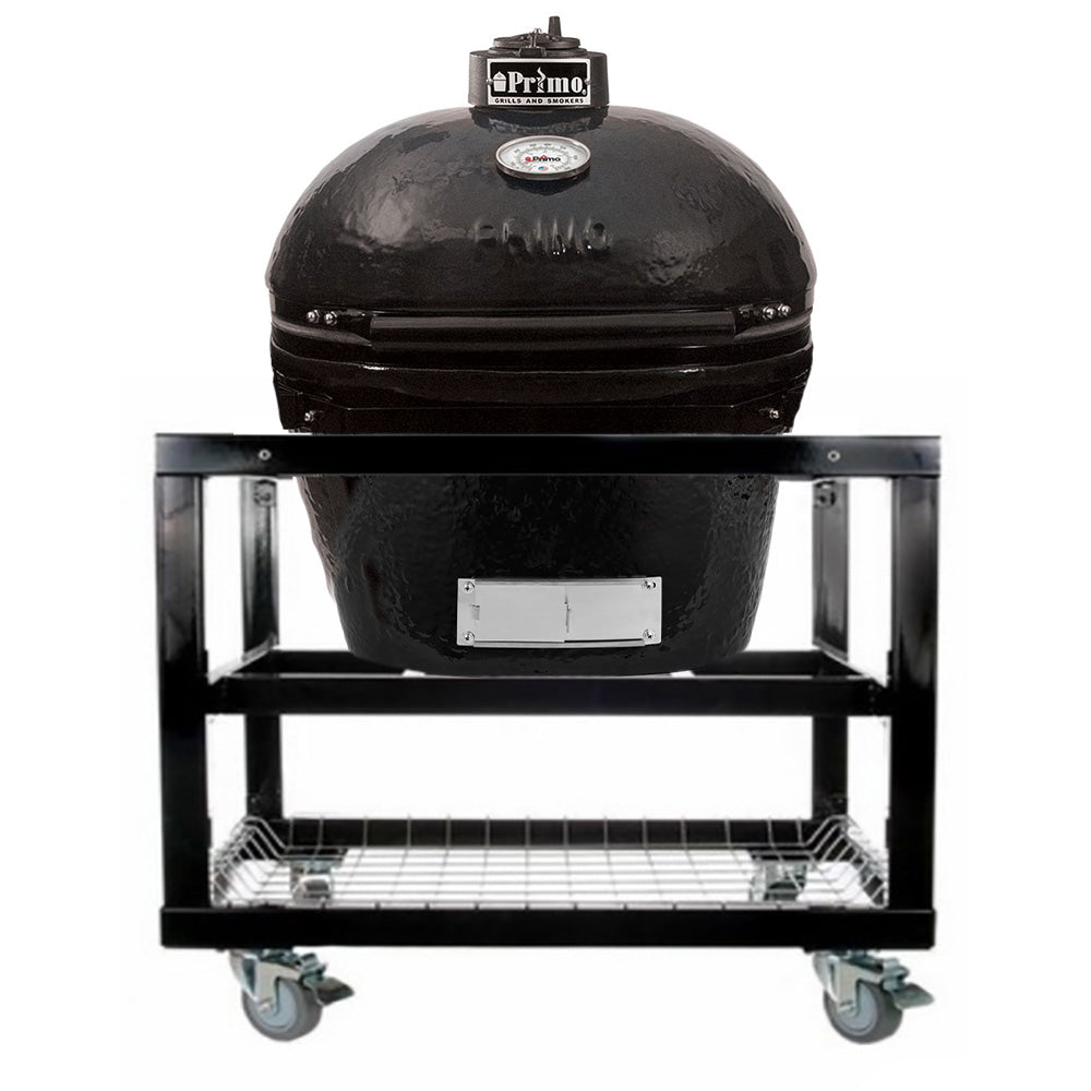 Charcoal oval ceramic kamado grill on cart with open base and wire cooking rack