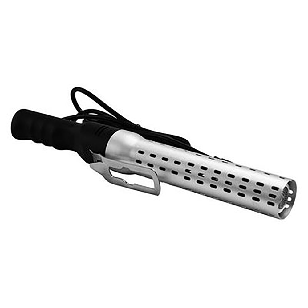 Electric charcoal starter with black handle and perforated silver heating barrel