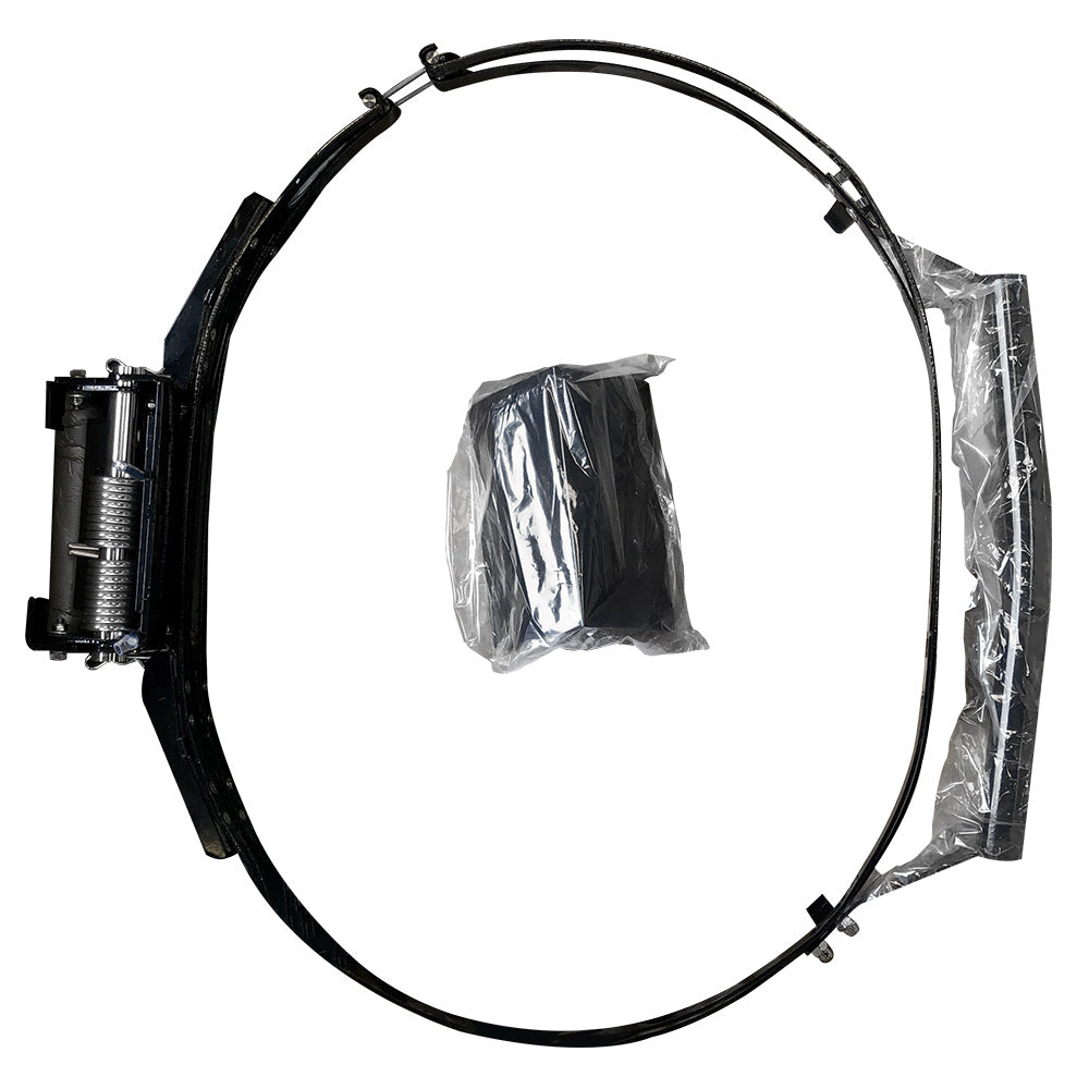 Round kamado hinge and handle kit with looped bands; black metal ring and hinges