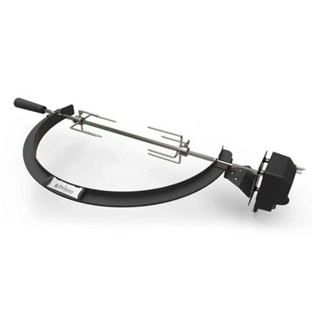 Rotisserie kit for oval grill with spit rod, forks, and mounting bracket, black